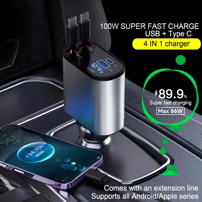 4 in 1 120W USB Type C Fast car Charger Cable