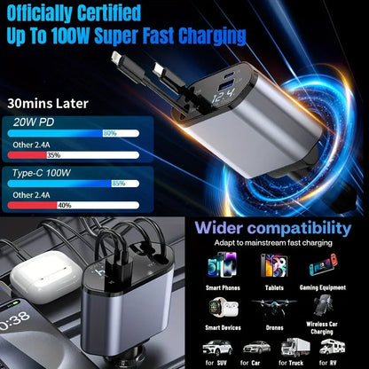 4 in 1 120W  USB Type C Fast car Charger Cable